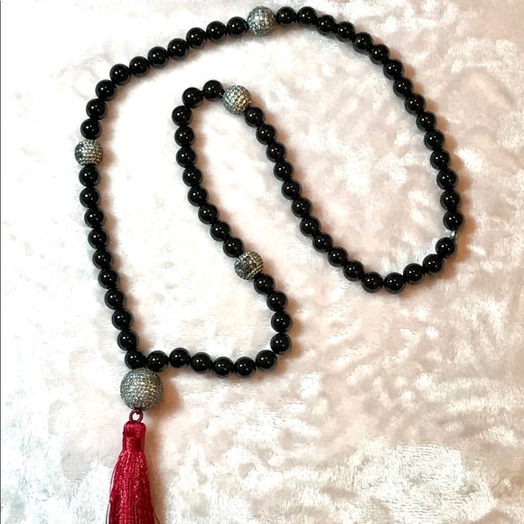 Black Onyx Bead Necklace Pave CZ Bead Accents - Picture 2 of 4